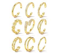 JeweBella 9Piezas Anillo Pie de Mujer y Niñas Ajustables Anillo Meñique Oro 14K Corazón Flor Circonita Simple Anillos Abiertos Impermeable Joyería de Pies Playa y Verano Oro Plata