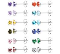 JeweBella Pendientes de Acero Quirúrgico Hipoalergénico con Zirconia Cúbica Multicolor para Mujeres y Niñas - 12 Pares Piercing Cartílago 3/4/5mm