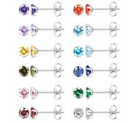 JeweBella Pendientes de Acero Quirúrgico Hipoalergénico con Zirconia Cúbica Multicolor para Mujeres y Niñas - 12 Pares Piercing Cartílago 3/4/5mm