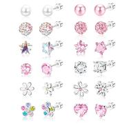 JeweBella Pendientes de Acero Quirúrgico Hipoalergénicos con Diseño de Mariposa, Flor, Corazón, Circón Multicolor para Mujeres y Niñas - 12 Pares