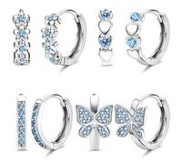 JeweBella Pendientes de Aro Huggie en Plata de Ley 925 Hipoalergénico - 4 Pares con Zirconia, Flores, Corazón, Mariposa para Mujer y Niñas