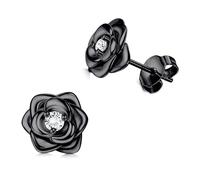 JeweBella Pendientes Flor de Plata de Ley 925 Hipoalergénicos para Mujer y Niña - Rosa Con 5A+ Circonita Cúbica - Cartílago Plata/Oro/Oro Rosa/Negro - Regalos de Joyería