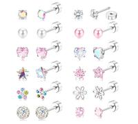 JeweBella Pendientes Hipoalergénicos de Plata - 12/14 Pares de Acero Quirúrgico para Niña y Mujer - Flor, Perla, Estrella, Corazón, Circón