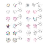 JeweBella Pendientes Hipoalergénicos de Plata y Acero Quirúrgico - 12/14 Pares Pequeños con Flor, Perla, Estrella, Corazón y Circón Multicolor para Mujer y Niña