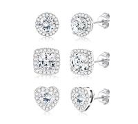 JeweBella Pendientes Mujer Plata de Ley 925 Chapada en Oro de 18K Pendientes Circonita Juego de Pendientes Corazón Cuadrados Redondos Billantes Grandes Simulado Diamantes Pendientes Plata/Oro
