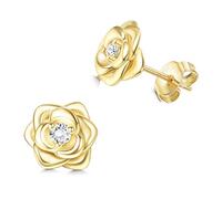 JeweBella - Pendientes pequeños de flores de plata de ley 925 para mujer, niña, hipoalergénicos, pendientes de color rosa con 5 A, circonita cúbica y plata, oro, rosa, negro, Plata de ley