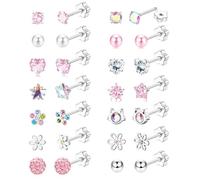 JeweBella Pendientes Pequeños Plata Acero Quirúrgico Hipoalergénicos - Flor Perla Estrella Corazón Circón Multicolor