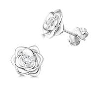 JeweBella Pequeñas Pendientes Flor de Plata de Ley 925 para Mujer Niña Hipoalergénicos Pendientes Rosa con 5 Circonita Cúbica Pendientes Cartílago Plata/Oro/Oro Rosa/Negro Regalos de Joyería