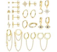 JeweBella Pequeños Pendientes Mujer Mini Pendientes Aro Colgantes con Cadena Acero inoxidable Luna Estrella Hipoalergénico Zircon Mal de ojo Conjunto Oro/Plata
