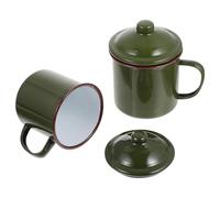 JEWEDECO Tazas de Té Esmaltadas Verdes Retro con Tapa Juego de 2 Resistentes a Caídas y Antiquemaduras, para Café y Bebidas Calientes