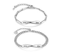 Jeweidea 2 pulseras de plata para parejas Pulsera personalizada Infinito Corazón Amor Pareja Conectada con grabado Pulsera con nombres para novia, novio, pareja, regalo de San Valentín