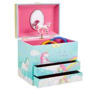 Jewelkeeper - Joyero Niña Musical Grande con Bailarina Clásica y 2 Cajones Extraíbles - Joyero Infantil en Tela Suave Azul con Lentejuelas para Almacenar Pulseras y Anillos - 17.2 x 11.5 x 15 cm