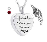 Jewelry Ashes Necklace,Heart with Angel Wing Birthstone and ECG Engraving I Love You Forever Papa Stainless Steel Urn Pendants Urn Necklace