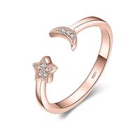 JewelryPalace Anillo Ajustable Luna y Estrella Mujer Plata de Ley 925 Oro Rosa, Abierto Sencillo Lindo Circonita, Elegante Piedra Preciosa, Regalo Promesa Joyas de Mujer