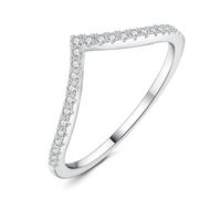 JewelryPalace Anillo de boda de circonita cúbica de corte redondo en forma de V para mujer, chapado en oro blanco de 14 quilates, anillo de compromiso para ella, anillos apilables de aniversario de