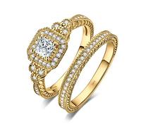 JewelryPalace Anillo Halo Plata Mujer Circonita Corte Princesa, Compromiso Oro 14k Diamante Simulado, Promesa Media Eternidad Banda de Boda Piedra, Conjunto Novia Joyas de Mujer 17