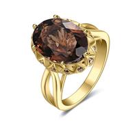JewelryPalace Anillo Mujer de Flor con 5.7ct Smoky Quartz Colored Glass Marrón Corte Ovalado, Anillos Compromiso Promesa Placcato Oro Giallo 14K, Anillos Cóctel 15,5