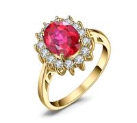 JewelryPalace Anillos de compromiso chapados en oro amarillo de 14 quilates para mujer, diseño de princesa Diana Kate Middleton con piedra natal y rubí rojo, talla J