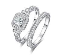 JewelryPalace Anillos de compromiso para mujer, chapados en oro blanco de 14 quilates, anillos de compromiso con circonita cúbica, estilo vintage, grueso, aniversario, 2 quilates, corte princesa, halo
