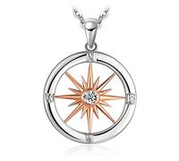 JewelryPalace Collar Plata Mujer de Brújula Solar en Cadena 45cm, Collar con Colgante Redondo de Sol Oro Rosa con Circonita, Collar Niña Plata de Ley 925 con Piedra, Regalo Joyas de Mujer