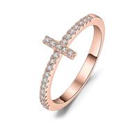 JewelryPalace Cruz Anillos Mujer Bañado en Oro Rosa de 14K, Anillo llamativo Sencillo Circonita, Anillo Promesa Elegante Media Eternidad, Joyas de Mujer 14