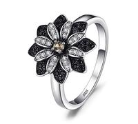 JewelryPalace Girasol Anillo Plata Mujer de Flor Margarita, Anillo Promesa con Espinela Negra Cuarzo Ahumado Natural, Anillos Niña Plata de Ley 925 con Piedra Preciosa, Conjunto Joyas Mujer 11