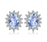 JewelryPalace Princesa Diana Kate Middleton Pendientes Mujer 14K Yellow Gold Plated, Pendientes de Tuerca 1.2ct Sky Blue Colored Created Spinel, Halo Pendientes Pequeños Mujer Piedra, Pendientes Niña