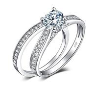 JewelryPalace Solitario Anillo Mujer Plata de Ley 925, Anillo Compromiso 1ct Circonita Corte Redonda Diamante Simulado, Banda de Boda Media Eternidad Piedra, Anillo Promesa Conjunto Joyas Novia 25