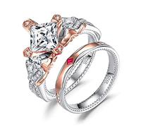 JewelryPalace Vintage Set Anillo de Compromiso Mujer con 1.5ct Circonita Corte Princesa, Corona Anillo Diamante Simulado Criss Cruz Oro Rosa Plata de Ley 925, Banda de Boda Apilable con Rubí Creado 9