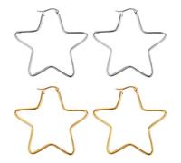 JewelryWe 2 pares de aretes de aro grandes de acero inoxidable pulido con forma de estrella de cinco puntas para mujer (dorado/plateado), Acero inoxidable