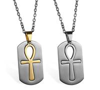 JewelryWe 2PCS Collares para Hombre Mujer, Collares para Parejas, Colgante de Cruz Egipcia Ankh, de Acero Inoxidable Placa Collar Original de Color Plata Cadena 55cm