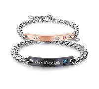 JewelryWe 2pcs Pulseras para Parejas Pulseras de Parejas Enamorados Pulseras Circonitas con Grabado de His Queen Her King, Negra Oro Rosa Acero Inoxidable