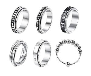 JewelryWe 6PCS Anillo para Hombre y Mujer Anillo de Boda Anillo de Rueda Universal de Doble Capa Anillo de Acero Inoxidable de Descompresión de Ansiedad Talla 11
