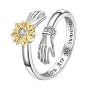 JewelryWe Anillo de abrazo de girasol para mujer: You Are My Sunshine Anillo abierto de acero inoxidable con circonita cúbica - regalo de joyería para madre e hija, Acero inoxidable, Circonita