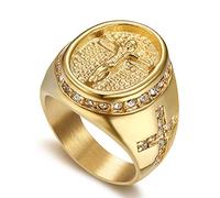 JewelryWe Anillo de hombre con cruz cristiana de Jesús, crucifijo, anillo de sellado, estrás, acero inoxidable, retro, religioso, banda con grabado dorado, 10, Acero inoxidable