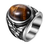 JewelryWe Anillo de San Miguel con turquesa/ojo de tigre/obsidiana, acero inoxidable, anillo para hombre, arcángel San Miguel, anillo de sello para hombre, anillo de sello retro, protector católico
