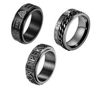 JewelryWe Anillo giratorio para hombre Fidget Ansiedad: 3 unidades, negro, acero inoxidable, juego de anillos de ansiedad con tocadiscos Viking, runas, cadena de armadura, banda giratoria para