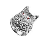 JewelryWe Anillo lobo para hombre con circonita: anillo punk grande de acero inoxidable color plata oro medida a elegir, Acero inoxidable, Circón