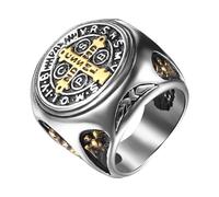 JewelryWe Anillo retro para hombre, acero inoxidable, exorcismo, San Benedicto, cruz, demonio, protección Ghost Hunter CSBP, anillo de sello católico, banda con grabado, plata/oro, tallas 57 a 70, De