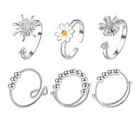 JewelryWe Anillos de ansiedad para mujer, 4/6/7 unidades, anillos abiertos, anillos ajustables para aliviar el estrés con el mal de ojo, girasol, juego de anillos de cuentas, Circonita cúbica