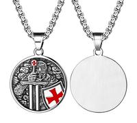 JewelryWe Collar con colgante de caballero templario para hombre: plata de acero inoxidable Templario Cruz redonda colgante cadena cristiana católica medieval cruzada religiosa amuleto joyería regalo