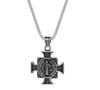 JewelryWe Collar con colgante de medalla redonda ovalada con cruz de San Benito, cadena ajustable, acero lNOX, joya religiosa cristiana, caja de regalo, color plateado y dorado, Acero inoxidable, No