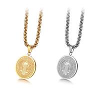 JewelryWe - Collar con colgante, medalla redonda ovalada con cruz de San Benito, cadena ajustable, joya cristiana de acero inoxidable en caja de regalo, color plateado o dorado 2 Pcs