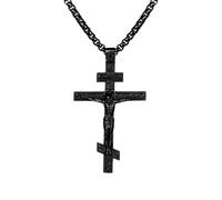 JewelryWe Collar con colgante Orthodox cruz: collar doble para hombre mujer oraciones promesa crucifijo calavera de acero inoxidable regalo Navidad, 71 mm x 42 mm, 60 cm x 3 mm, Acero inoxidable