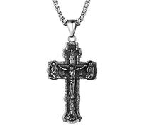 JewelryWe Collar con colgante Orthodox cruz: collar doble para hombre mujer oraciones promesa crucifijo calavera de acero inoxidable regalo Navidad, 60 cm, Acero inoxidable