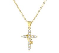 JewelryWe Collar Cruz Corona Mujer：Color Oro con Circonita - Colgante Cristiano Regalo de Fe para Bautizo y Confirmación