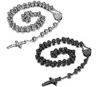 JewelryWe Collar de cuentas de rosario de acero inoxidable dorado con colgante de crucifijo de 36.6 pulgadas, cuentas de 8 mm, Acero inoxidable, Sin piedra