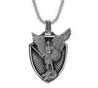 JewelryWe Collar de hombre católico cristiano: con colgante San Miguel Medalla Medallón Escudo Cruz Arcángel Ángel, 60 cm, Acero inoxidable