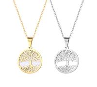 JewelryWe Collar para hombre, acero inoxidable, diseño retro del árbol de la vida, colgante redondo con cadena de 55 cm, color dorado y plateado, Concha