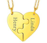 JewelryWe Collar personalizado con grabado, 2 piezas de rompecabezas de corazón, colgante de acero inoxidable para parejas, amigos, cadena, regalo dorado